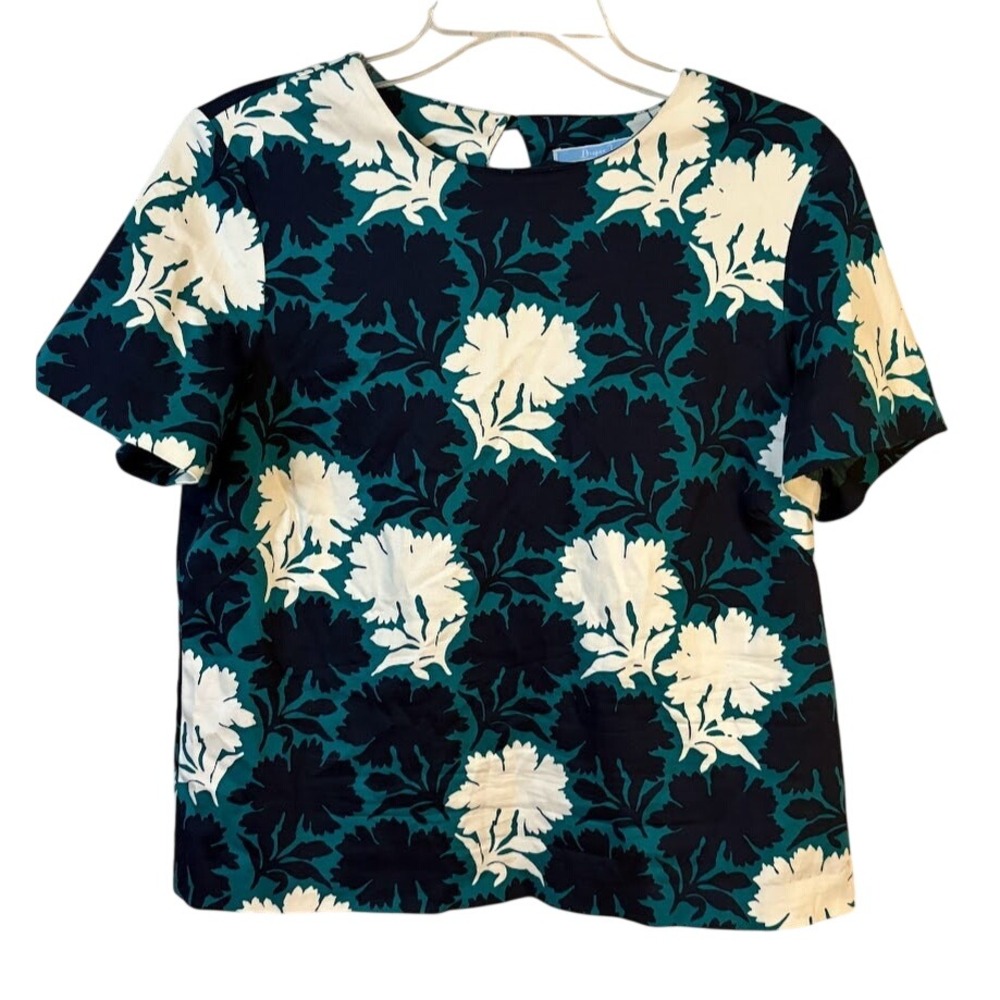 Draper James Floral‎ Blouse 10 Teal Navy Excellent Cutout Back Top Cotton Blend
